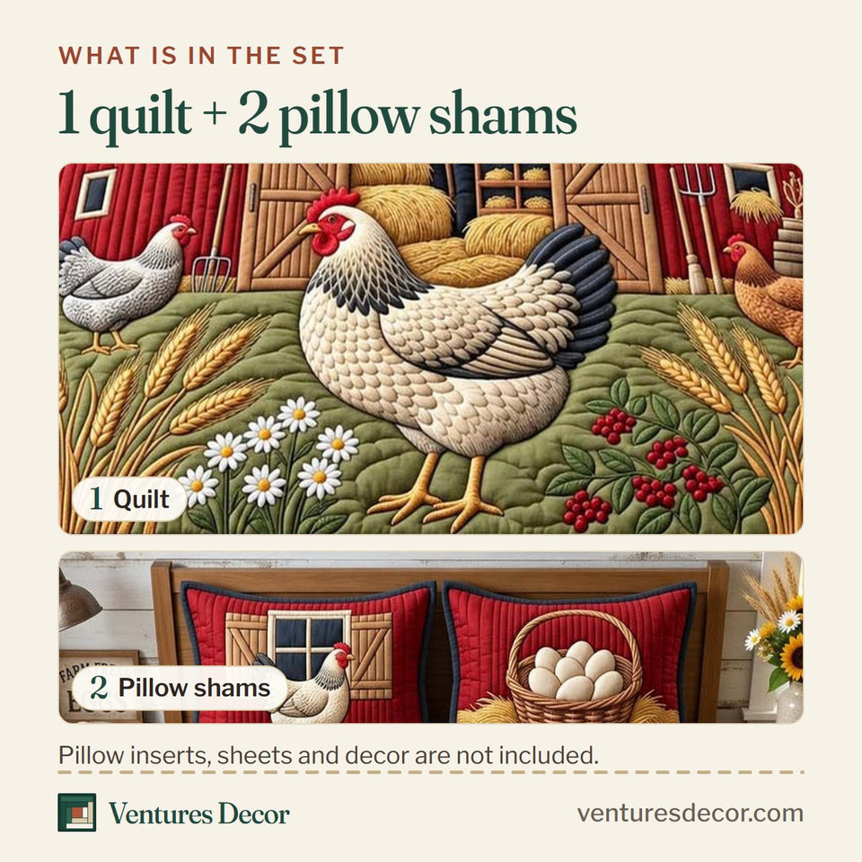 What is in the set: one quilt and two pillow shams, shown in the Red Barn Hens Quilt Set, 3-Piece Quilted Bedding with 2 Pillow Shams design