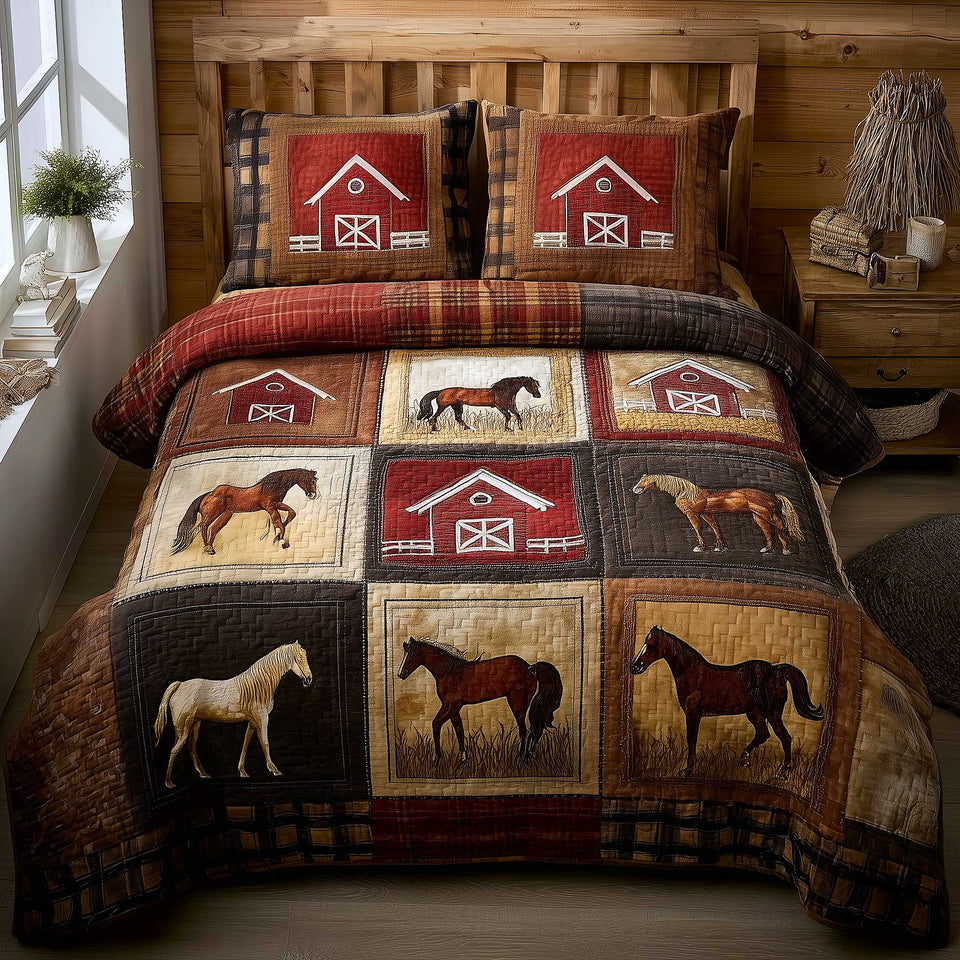 Red Barn Pony Patch quilted bedding set, quilt and two pillow shams on a made bed