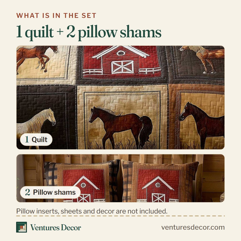 What is in the set: one quilt and two pillow shams, shown in the Red Barn Pony Patch design
