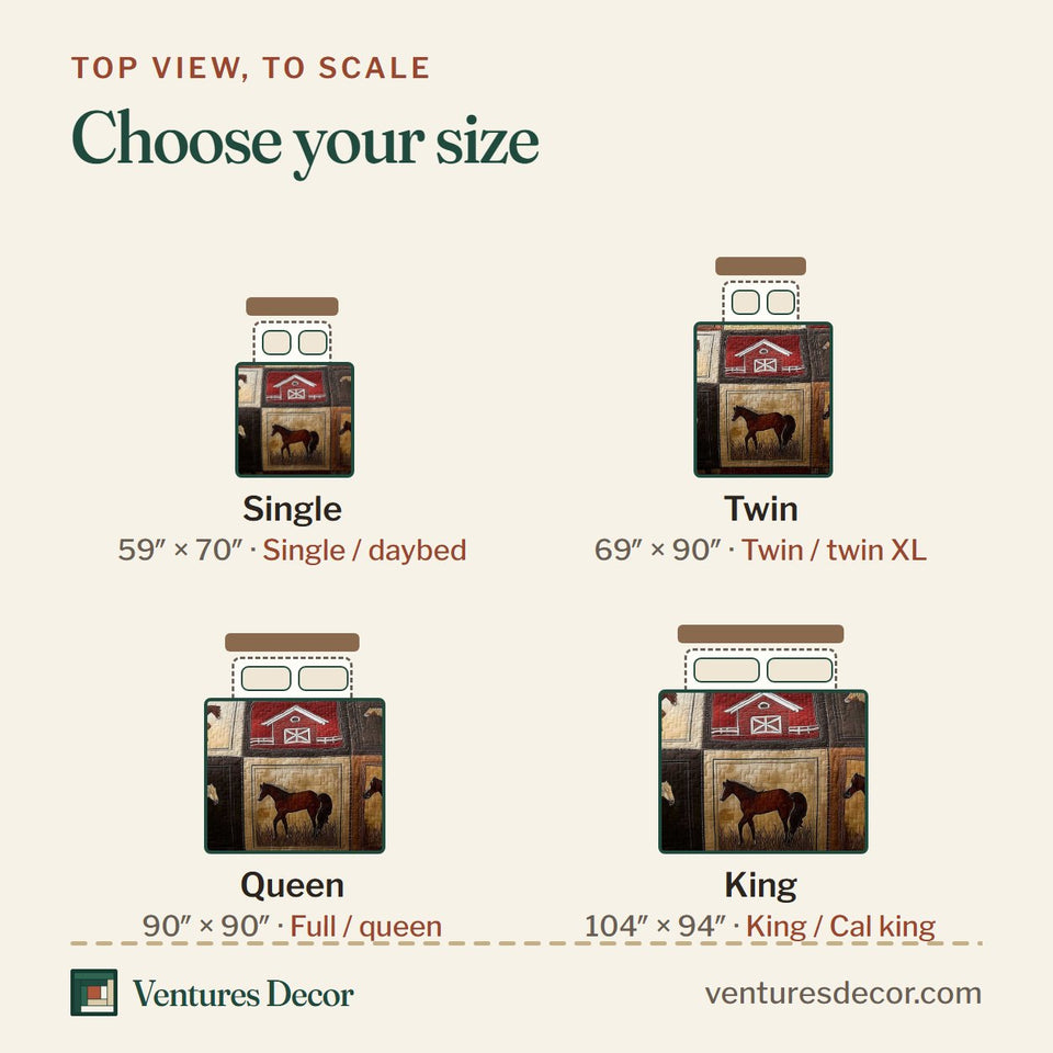 Size guide for the Red Barn Pony Patch quilt, top view to scale: Single 59 x 70 in, Twin 69 x 90 in, Queen 90 x 90 in, King 104 x 94 in