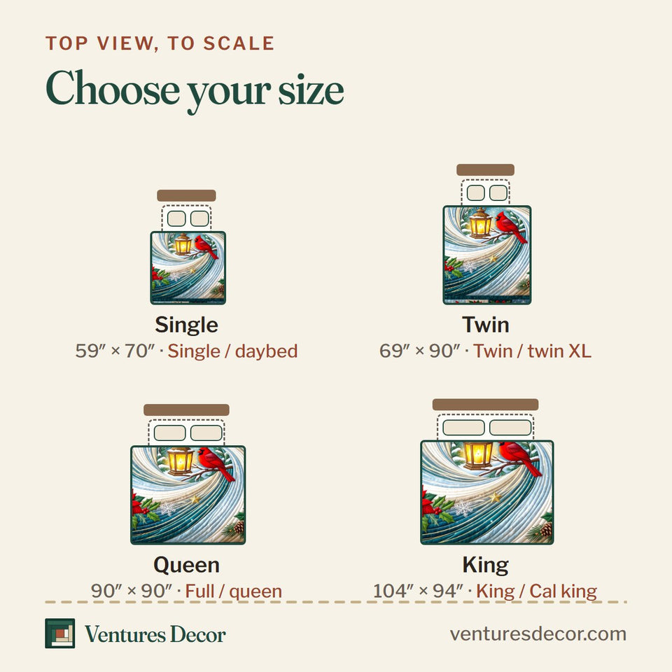 Size guide for the Red Cardinal Faith Inspired quilt, top view to scale: Single 59 x 70 in, Twin 69 x 90 in, Queen 90 x 90 in, King 104 x 94 in