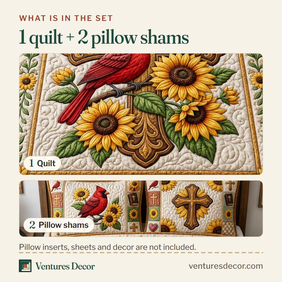 What is in the set: one quilt and two pillow shams, shown in the Red Cardinal Flowers design