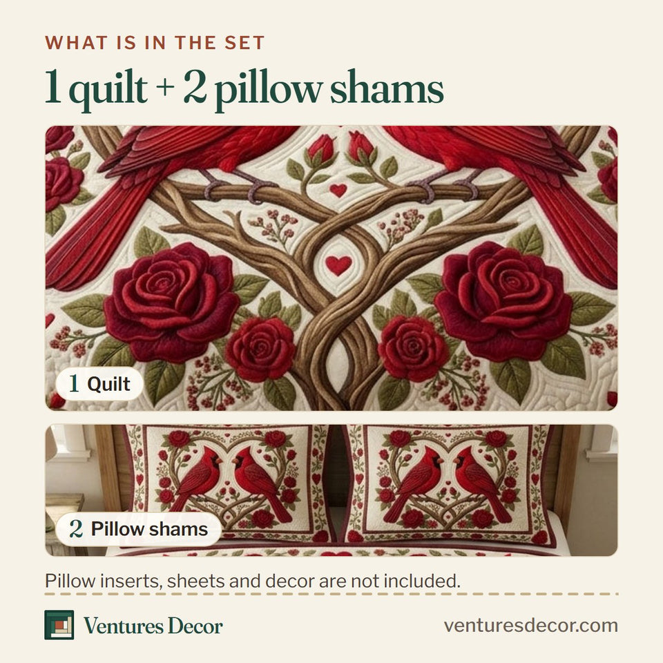 What is in the set: one quilt and two pillow shams, shown in the Red Cardinal Red Rose Pair design