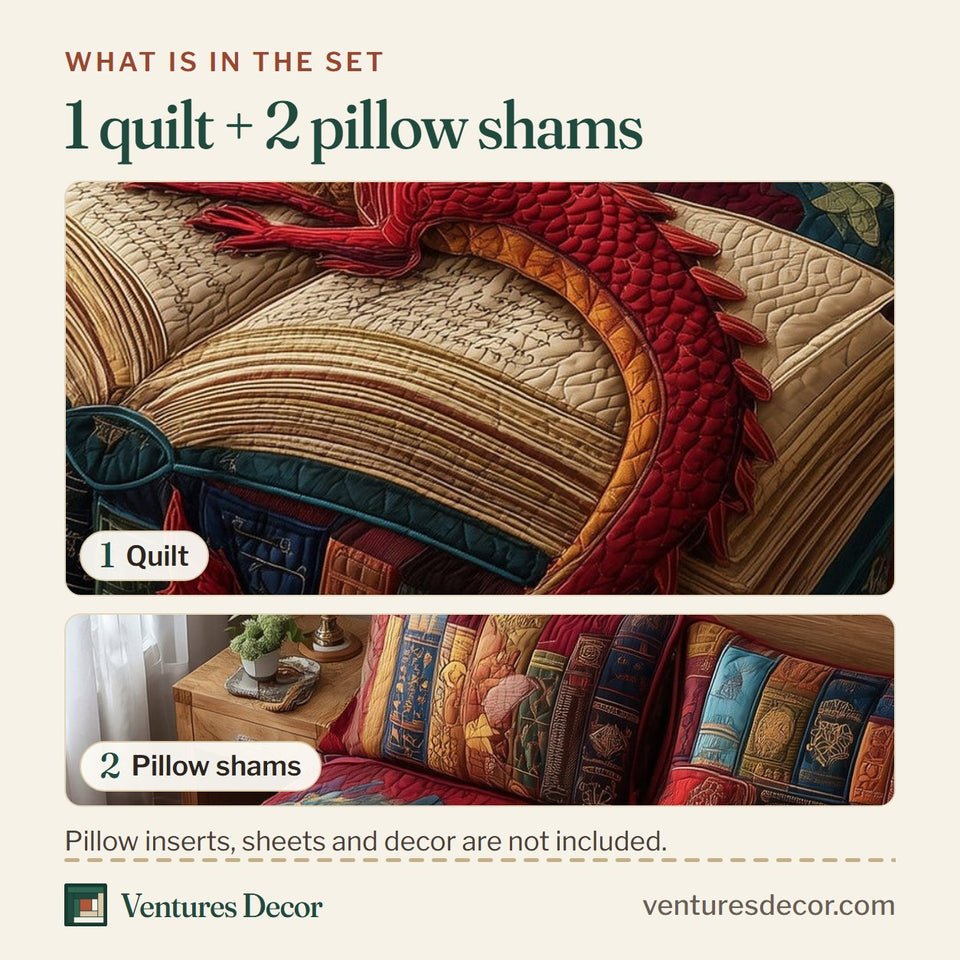 What is in the set: one quilt and two pillow shams, shown in the Red Dragon design