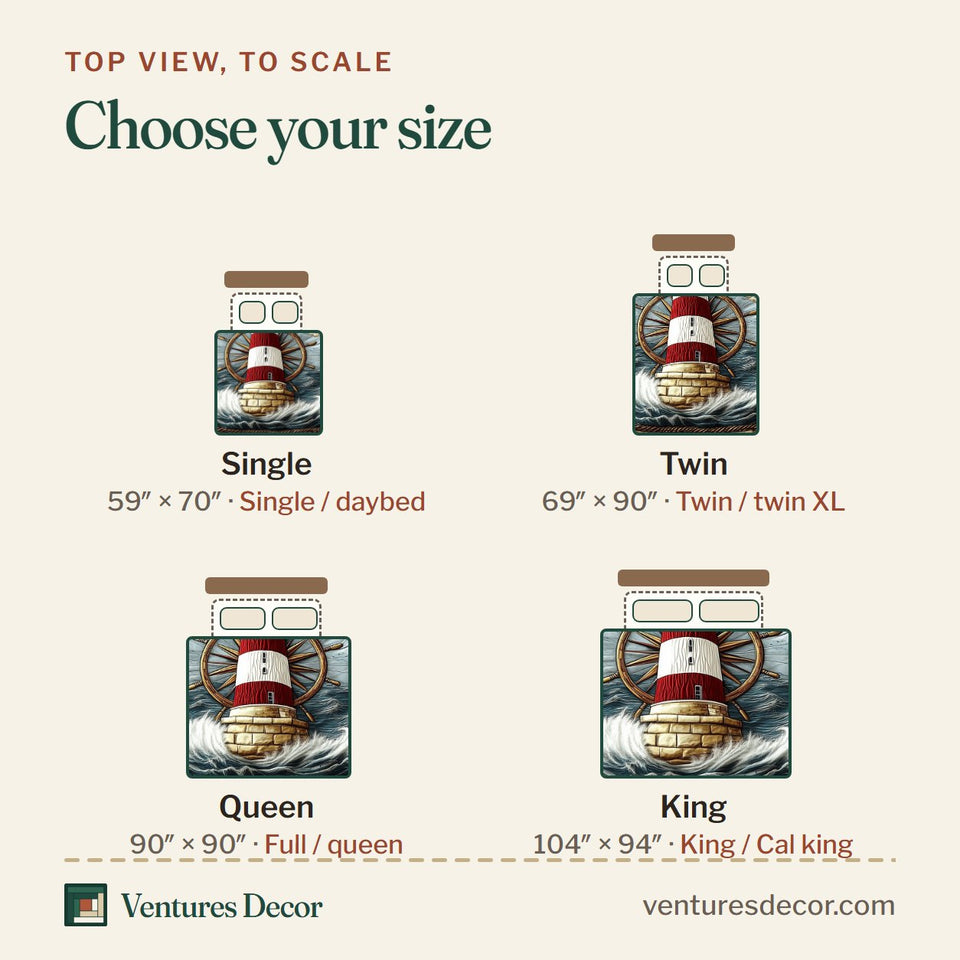 Size guide for the Red Lighthouse Chart Waves quilt, top view to scale: Single 59 x 70 in, Twin 69 x 90 in, Queen 90 x 90 in, King 104 x 94 in