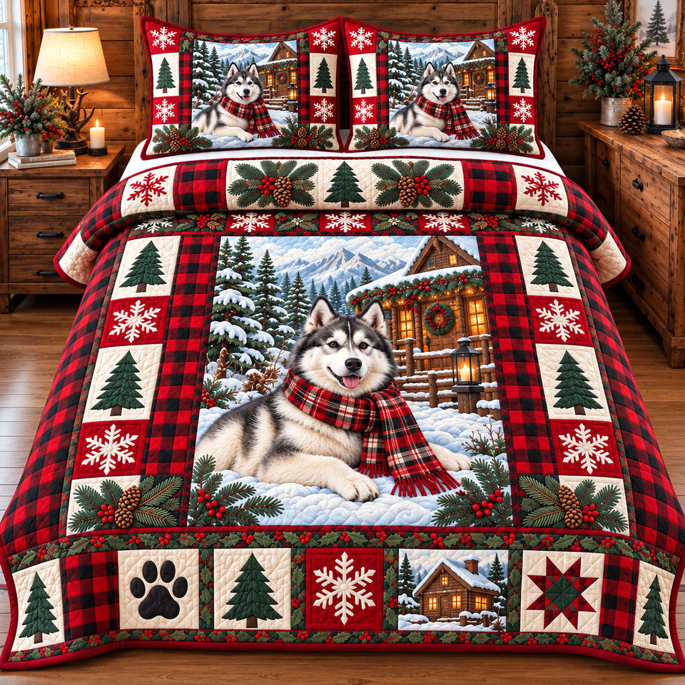 Red Plaid Husky quilted bedding set, quilt and two pillow shams on a made bed