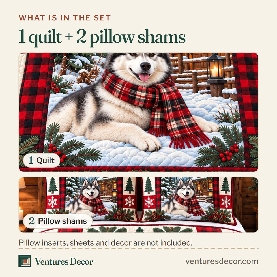 What is in the set: one quilt and two pillow shams, shown in the Red Plaid Husky Quilt Set, 3-Piece Quilted Bedding with 2 Pillow Shams design