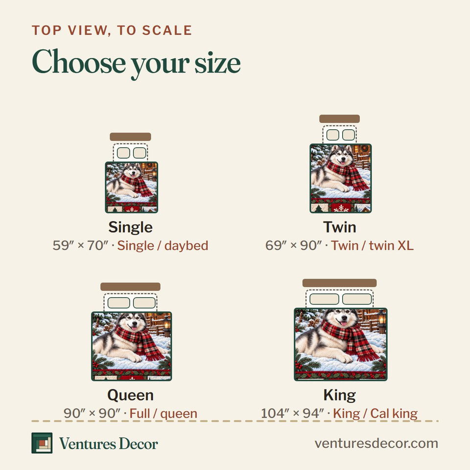 Size guide for the Red Plaid Husky Quilt Set, 3-Piece Quilted Bedding with 2 Pillow Shams quilt, top view to scale: Single 59 x 70 in, Twin 69 x 90 in, Queen 90 x 90 in, King 104 x 94 in