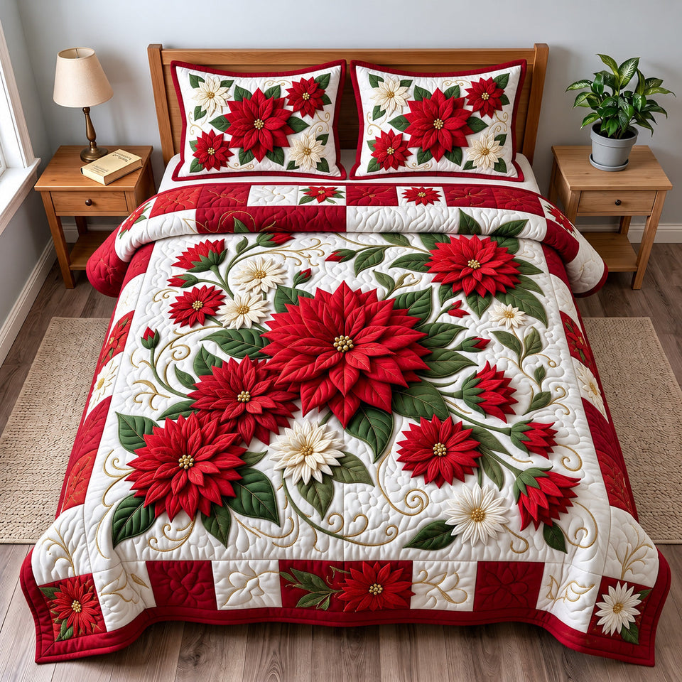 Red Poinsettia quilted bedding set, quilt and two pillow shams on a made bed