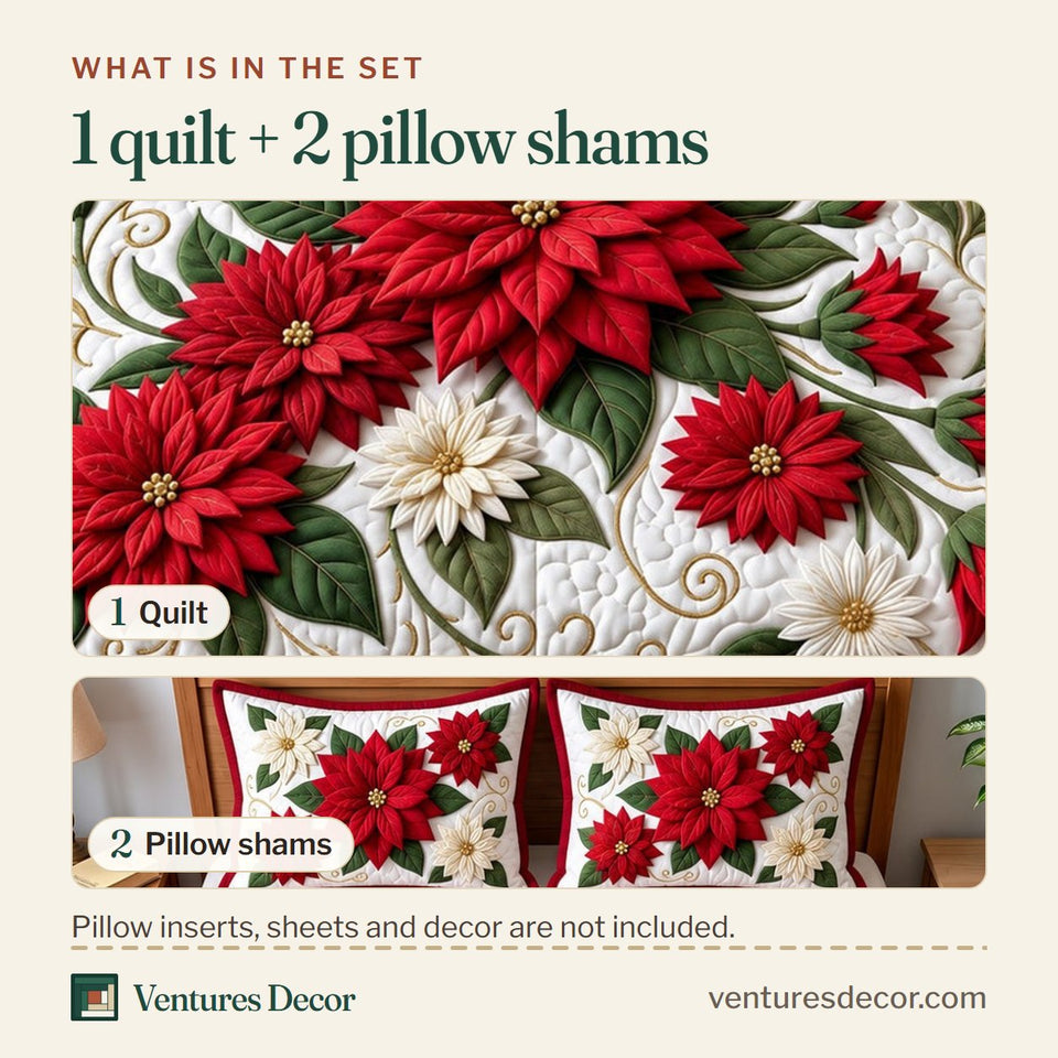 What is in the set: one quilt and two pillow shams, shown in the Christmas Red Poinsettia Quilt Set, 3-Piece Quilted Bedding with 2 Pillow Shams design