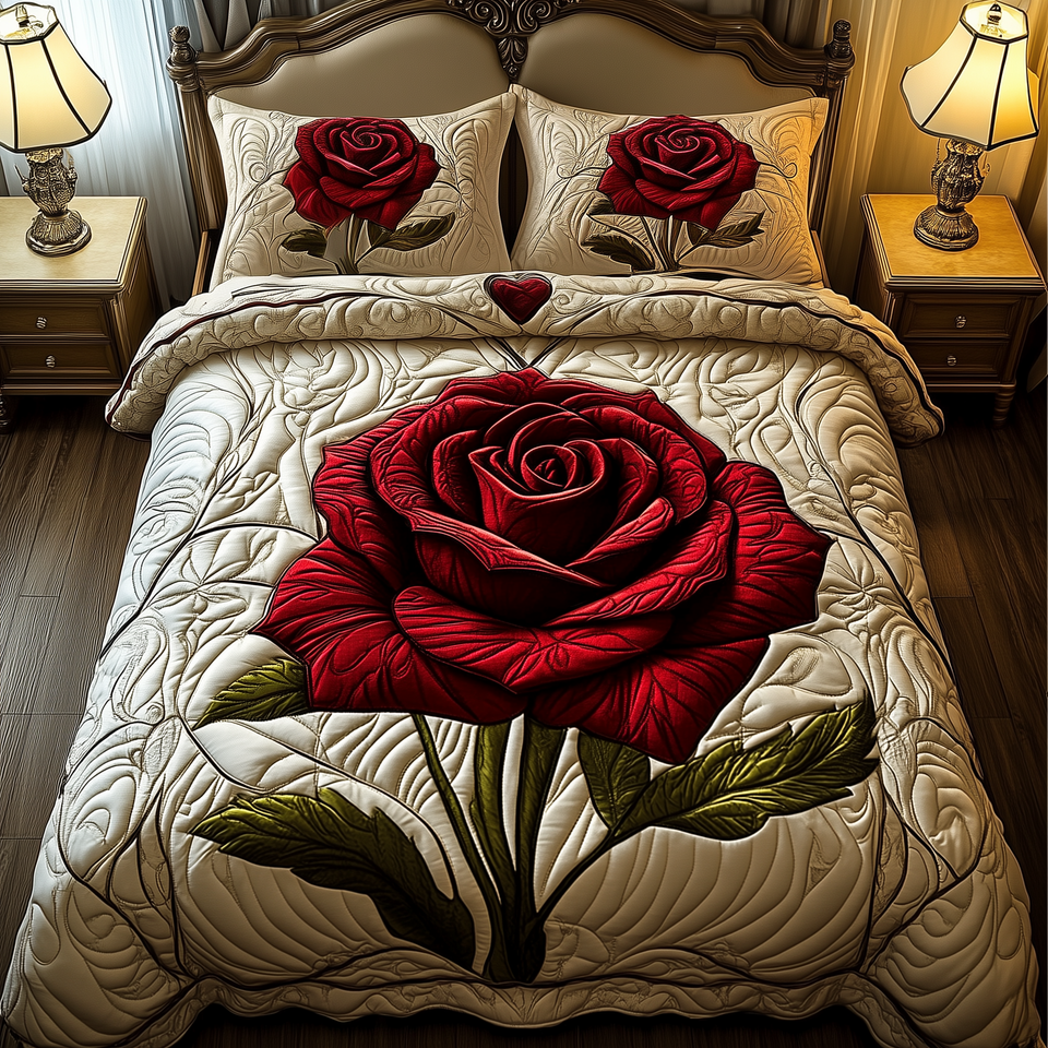 Red Rose For U Single Stem Cream quilted bedding set, quilt and two pillow shams on a made bed