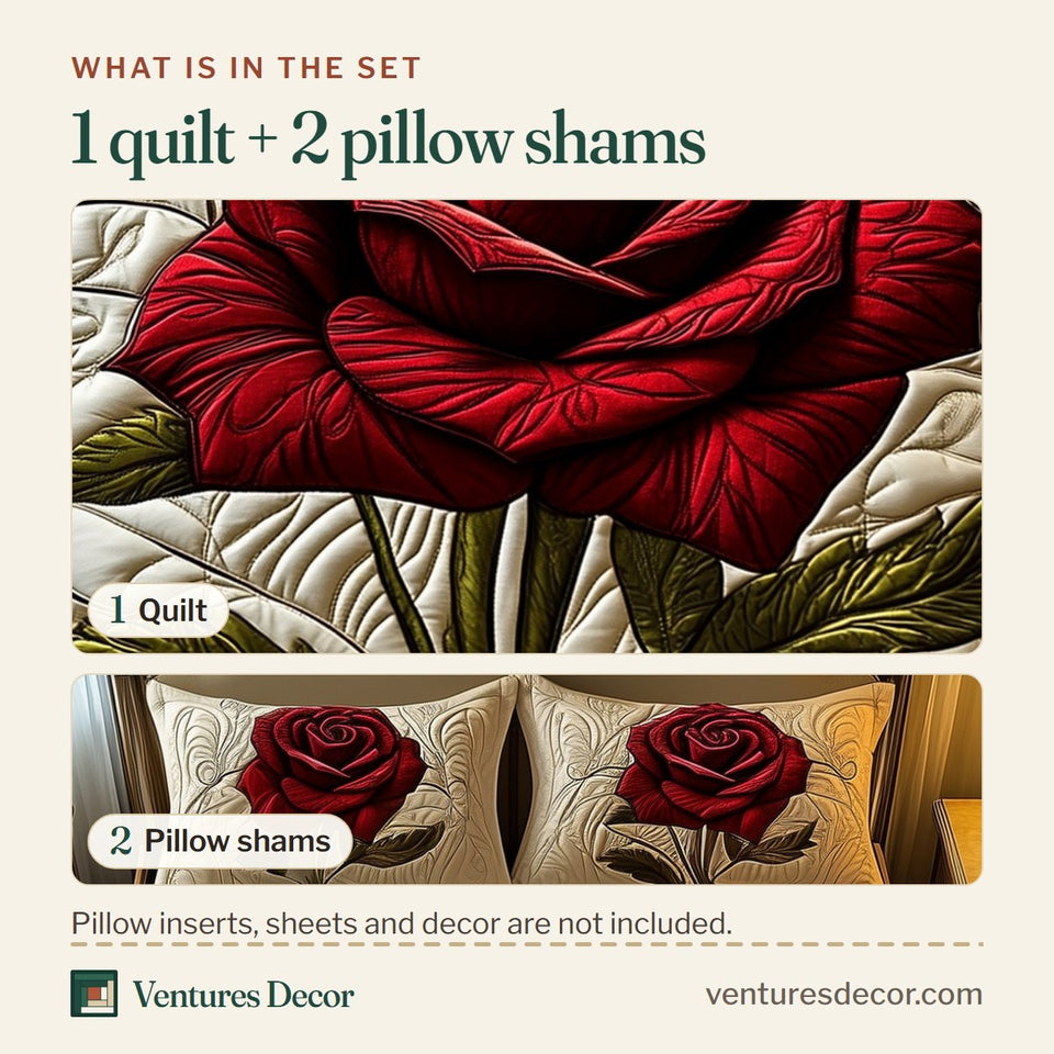 What is in the set: one quilt and two pillow shams, shown in the Red Rose For U Single Stem Cream design