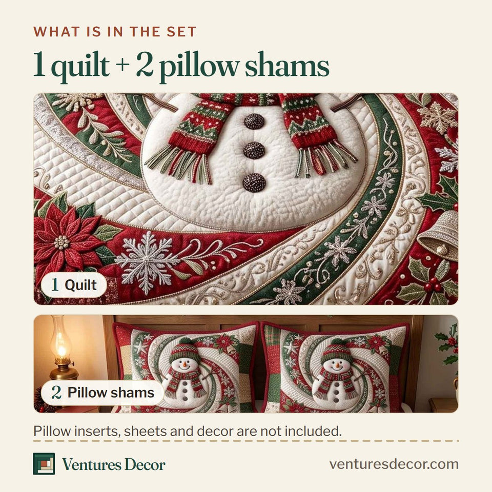 What is in the set: one quilt and two pillow shams, shown in the Red Swirl Snowman design