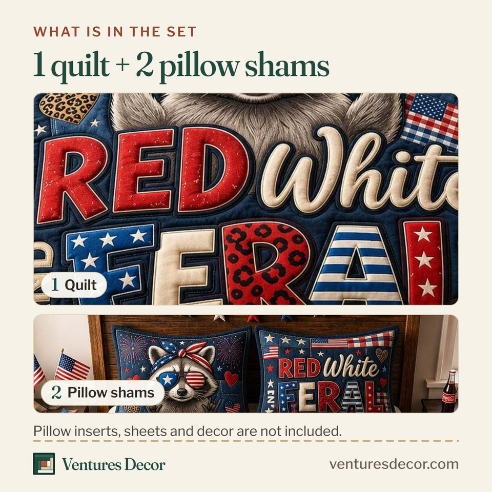 What is in the set: one quilt and two pillow shams, shown in the Red White Feral design