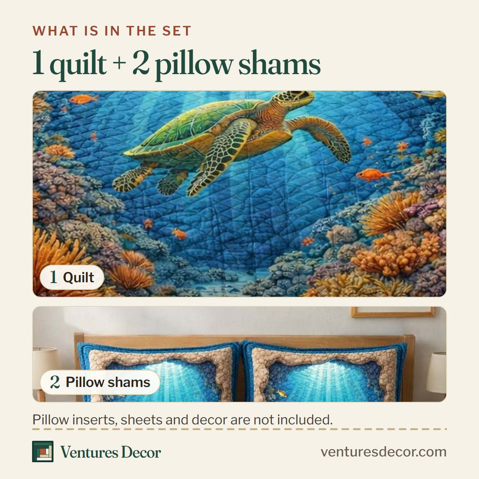 What is in the set: one quilt and two pillow shams, shown in the Reef Turtle design