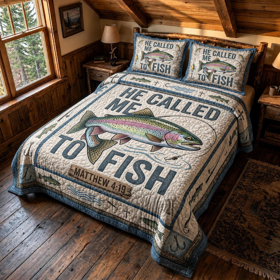 Reel Faith quilted bedding set, quilt and two pillow shams on a made bed