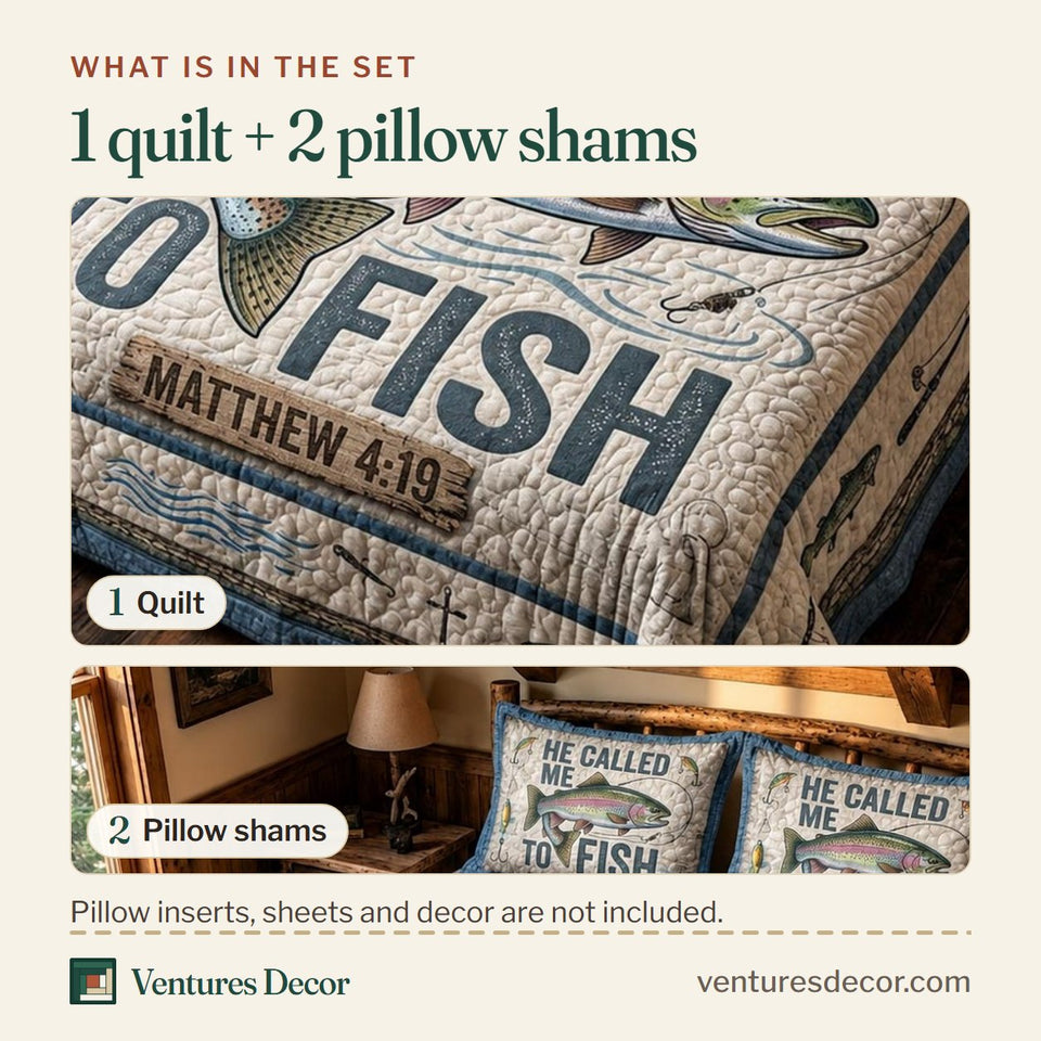 What is in the set: one quilt and two pillow shams, shown in the Reel Faith design