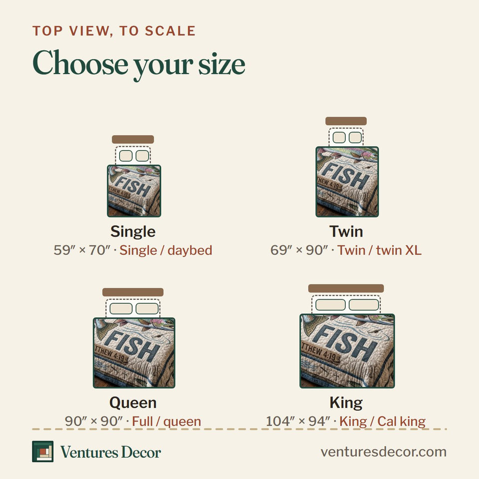 Size guide for the Reel Faith quilt, top view to scale: Single 59 x 70 in, Twin 69 x 90 in, Queen 90 x 90 in, King 104 x 94 in