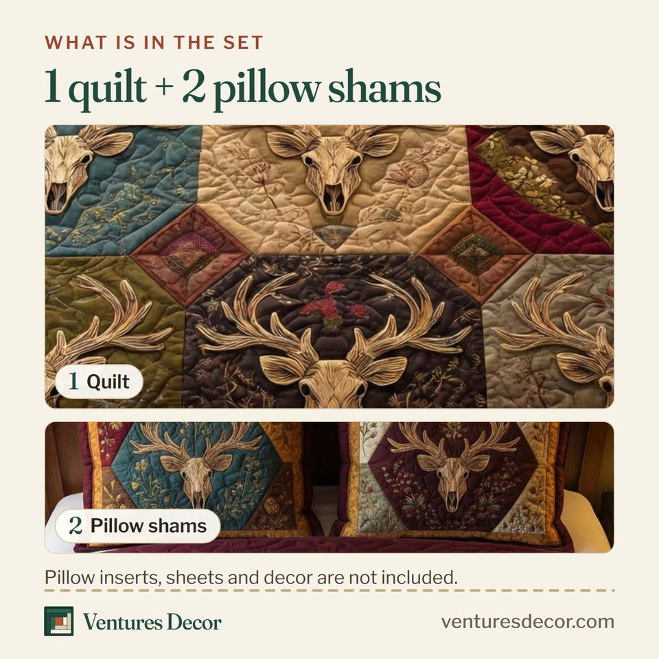 What is in the set: one quilt and two pillow shams, shown in the Regal Antlers design