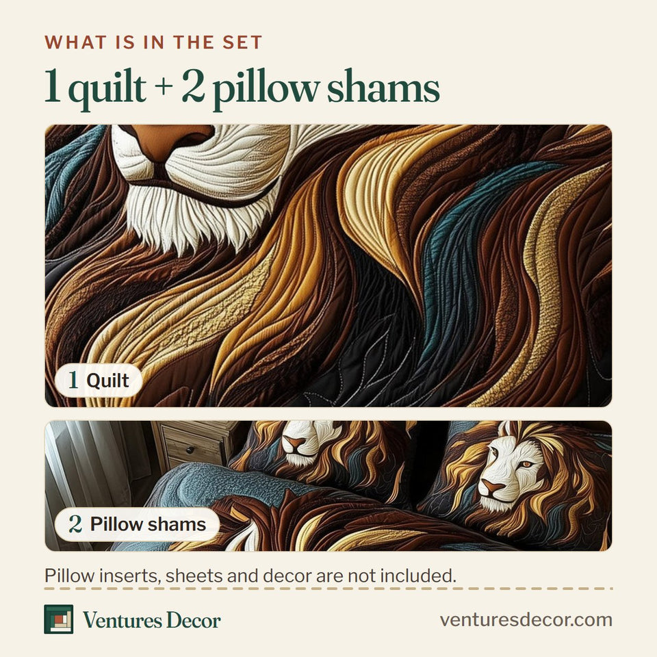 What is in the set: one quilt and two pillow shams, shown in the Regal Lion Windswept Mane design