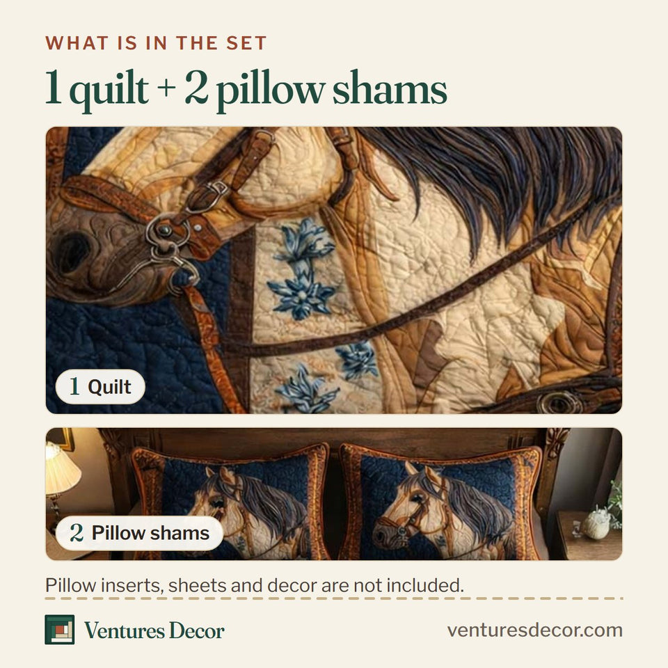 What is in the set: one quilt and two pillow shams, shown in the Regal Stallion design