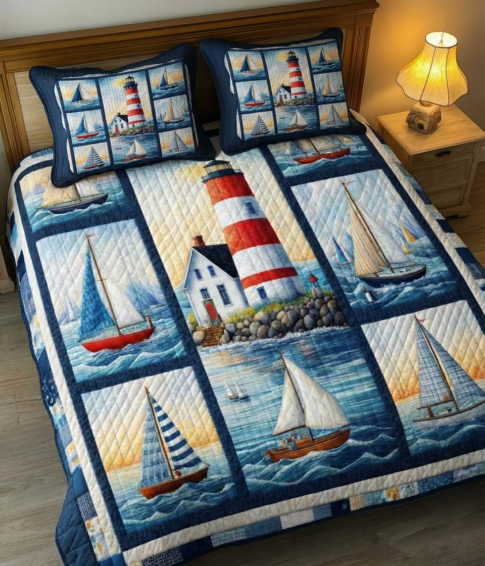 Regatta Lighthouse Blocks quilted bedding set, quilt and two pillow shams on a made bed