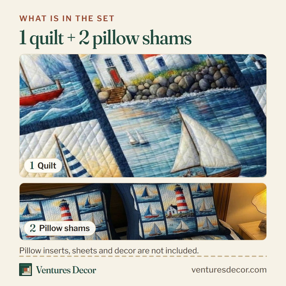What is in the set: one quilt and two pillow shams, shown in the Regatta Lighthouse Blocks design