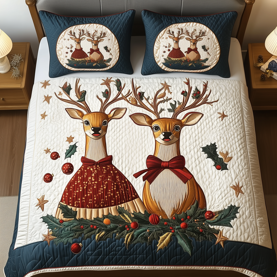 Reindeer Sweetheart Holiday quilted bedding set, quilt and two pillow shams on a made bed