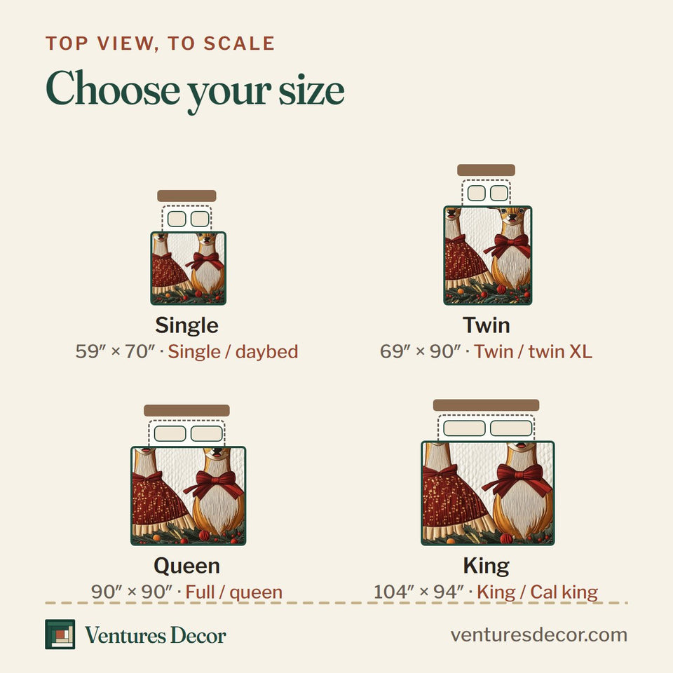 Size guide for the Reindeer Sweetheart Holiday quilt, top view to scale: Single 59 x 70 in, Twin 69 x 90 in, Queen 90 x 90 in, King 104 x 94 in