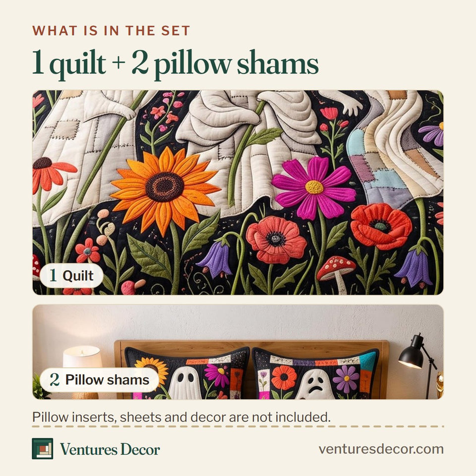 What is in the set: one quilt and two pillow shams, shown in the Retro Autumn design