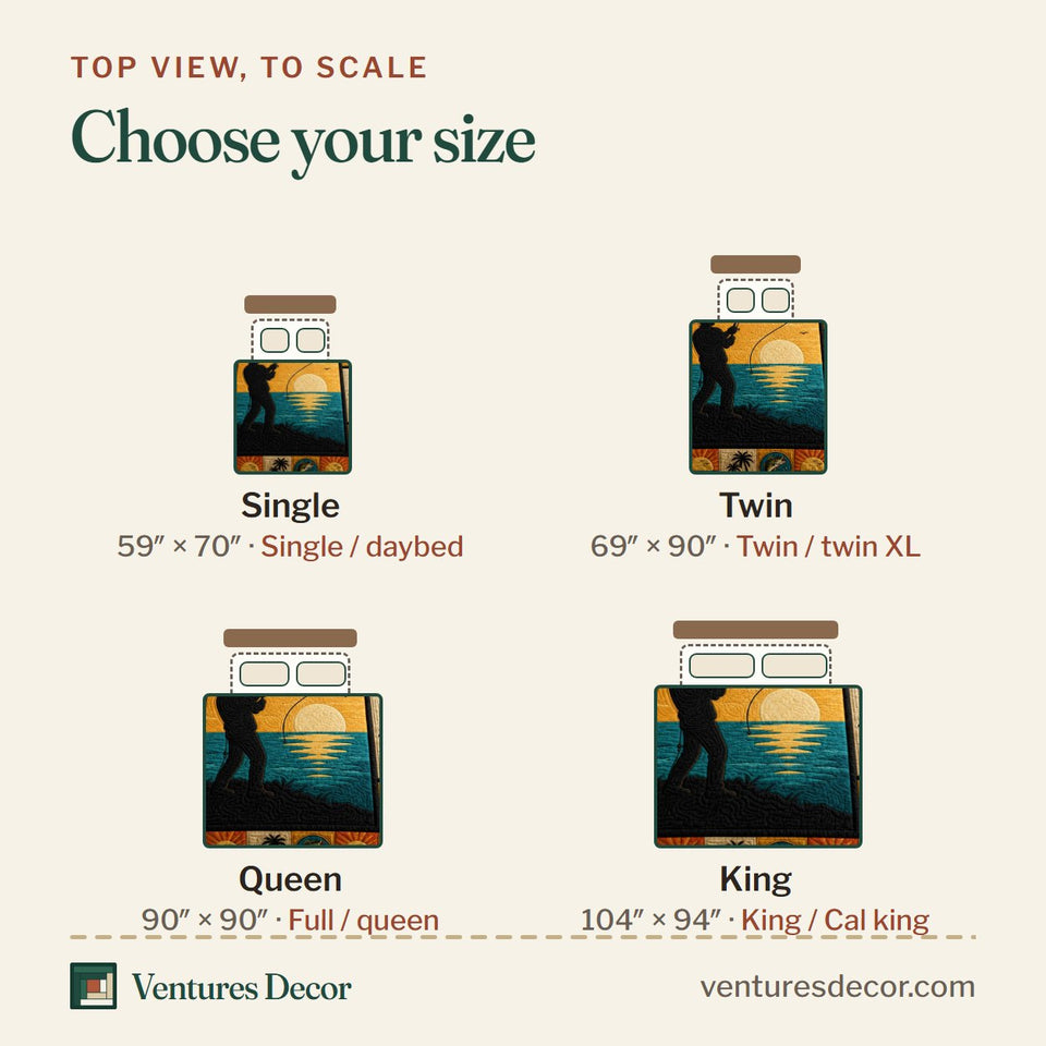 Size guide for the Retro Beach Fishing quilt, top view to scale: Single 59 x 70 in, Twin 69 x 90 in, Queen 90 x 90 in, King 104 x 94 in