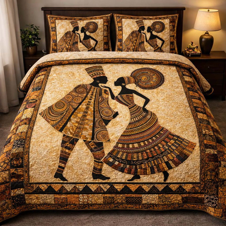 Rhythm Of Roots quilted bedding set, quilt and two pillow shams on a made bed