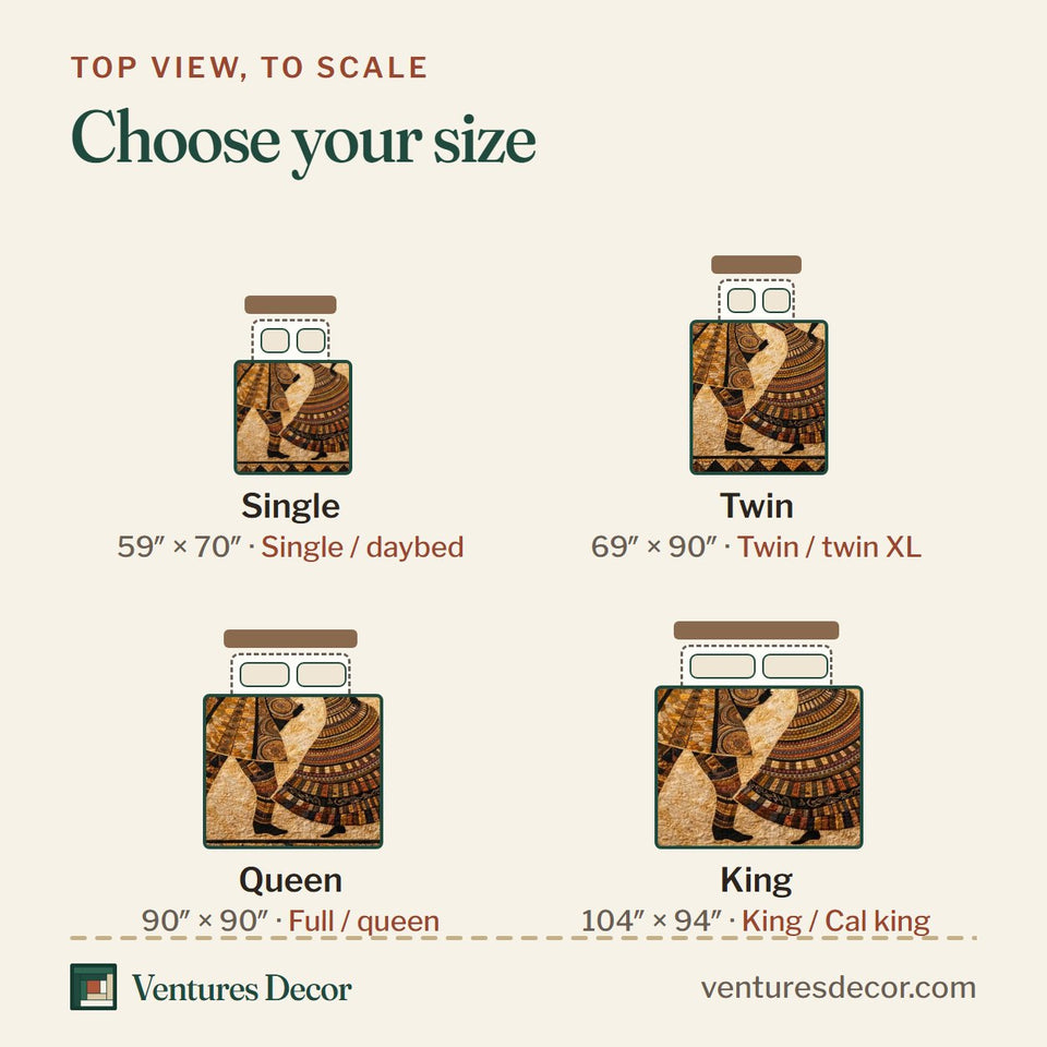 Size guide for the Rhythm Of Roots quilt, top view to scale: Single 59 x 70 in, Twin 69 x 90 in, Queen 90 x 90 in, King 104 x 94 in
