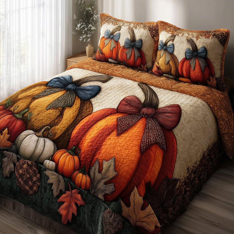 Ribboned Harvest Gourds quilted bedding set, quilt and two pillow shams on a made bed