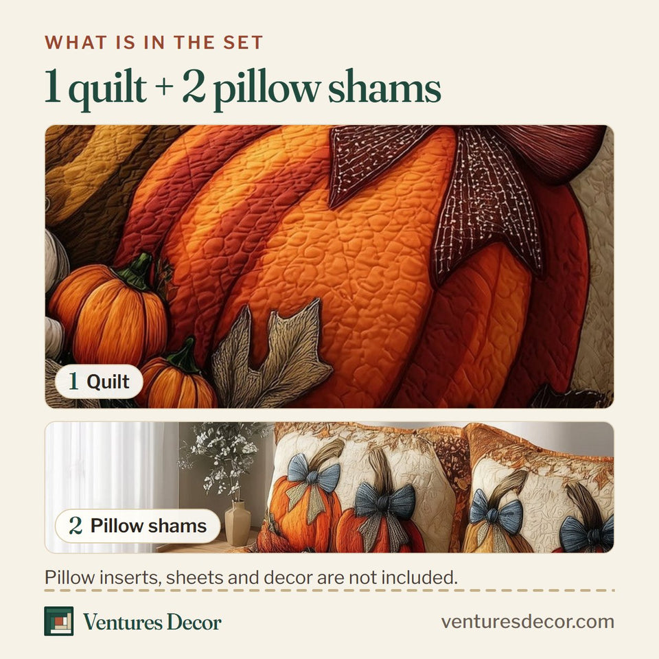 What is in the set: one quilt and two pillow shams, shown in the Ribboned Harvest Gourds design
