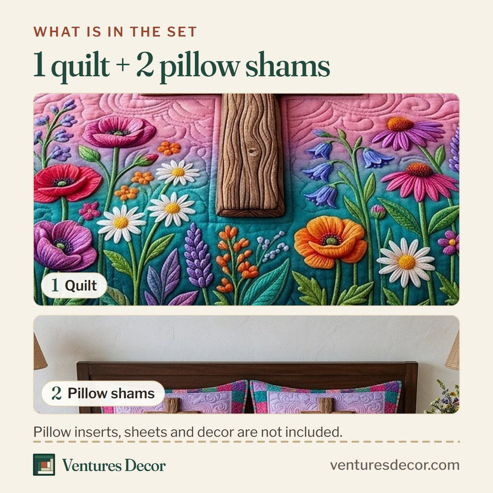 What is in the set: one quilt and two pillow shams, shown in the Risen Cross Poppies on Pink Patchwork design
