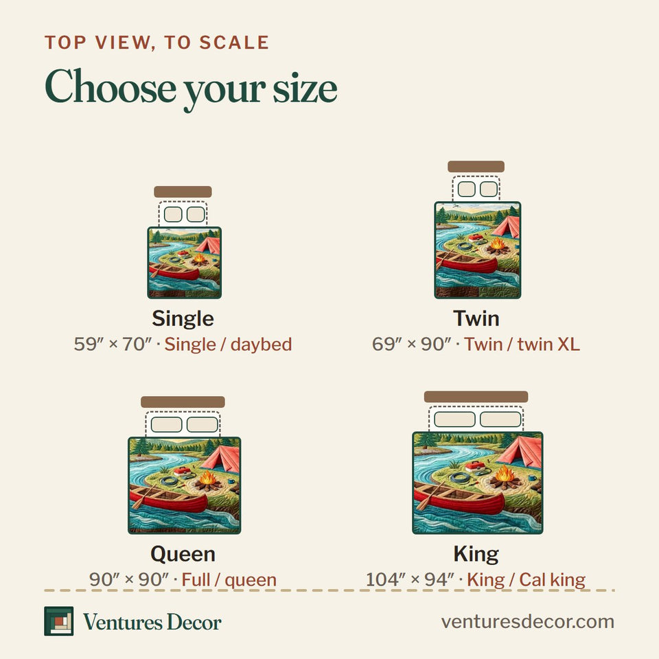 Size guide for the River Camping quilt, top view to scale: Single 59 x 70 in, Twin 69 x 90 in, Queen 90 x 90 in, King 104 x 94 in