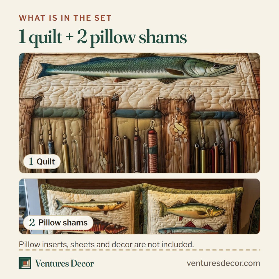 What is in the set: one quilt and two pillow shams, shown in the River Trout Lineup design
