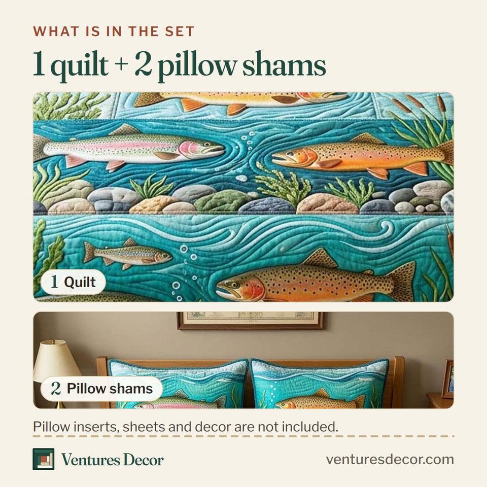 What is in the set: one quilt and two pillow shams, shown in the River Trout Stream Run design