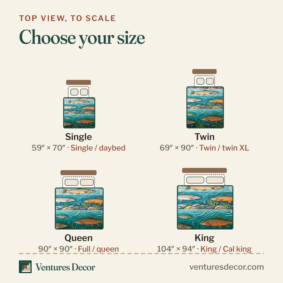 Size guide for the River Trout Stream Run quilt, top view to scale: Single 59 x 70 in, Twin 69 x 90 in, Queen 90 x 90 in, King 104 x 94 in