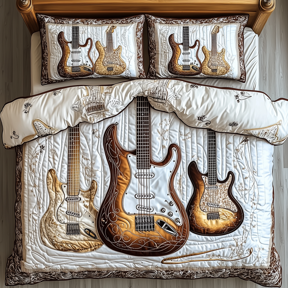 Rock and Roll Culture Draped Ivory Panel Trio quilted bedding set, quilt and two pillow shams on a made bed