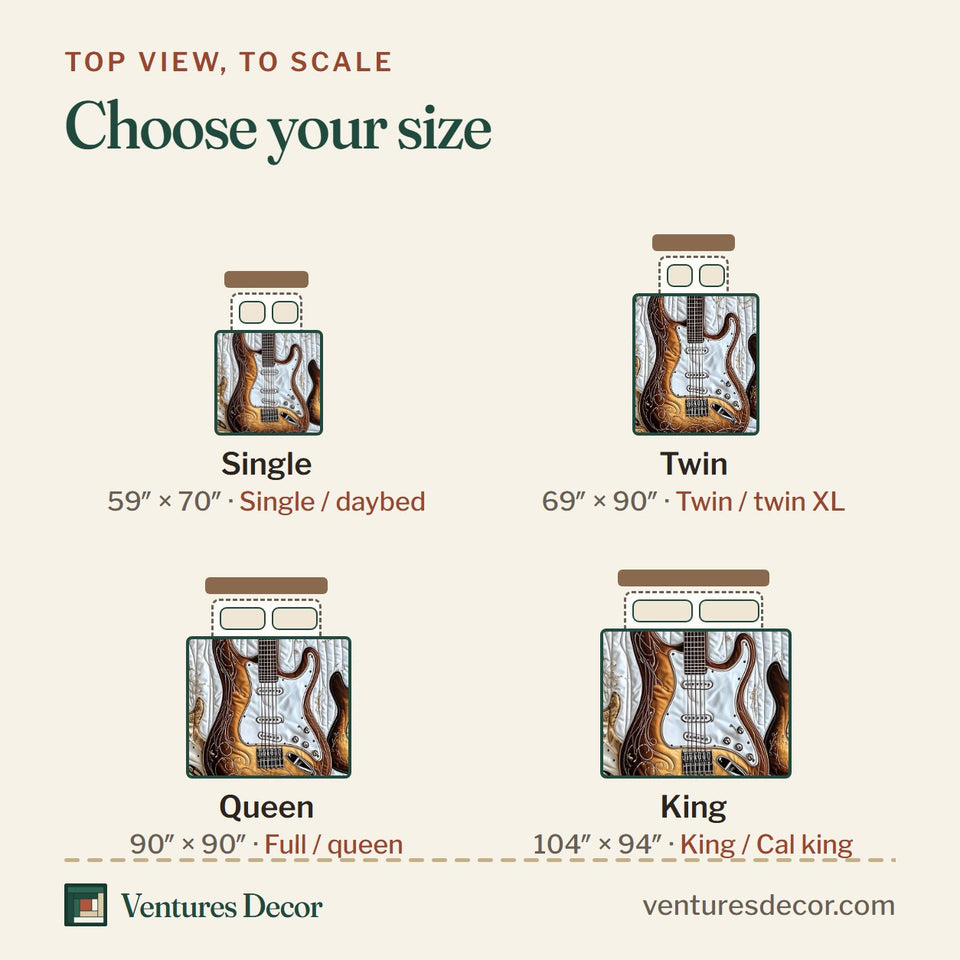 Size guide for the Rock and Roll Culture Draped Ivory Panel Trio quilt, top view to scale: Single 59 x 70 in, Twin 69 x 90 in, Queen 90 x 90 in, King 104 x 94 in