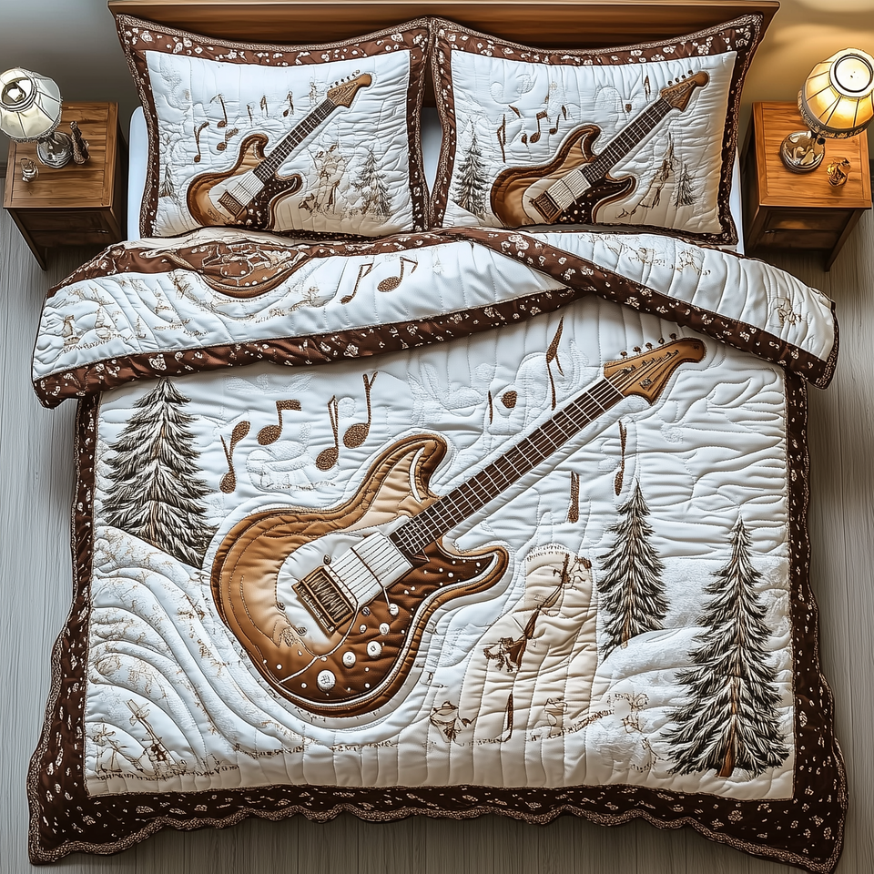 Rock and Roll Culture Lone Guitar Among Pines quilted bedding set, quilt and two pillow shams on a made bed