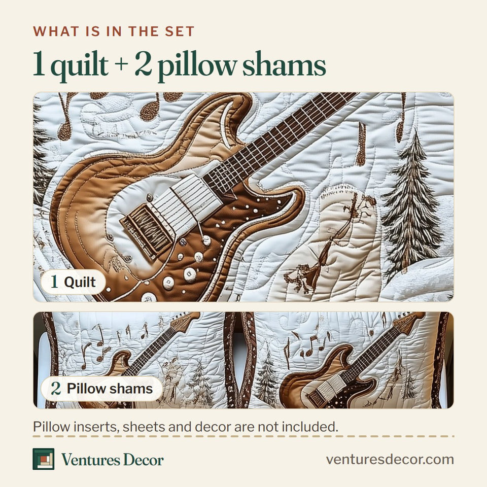 What is in the set: one quilt and two pillow shams, shown in the Rock and Roll Culture Lone Guitar Among Pines design