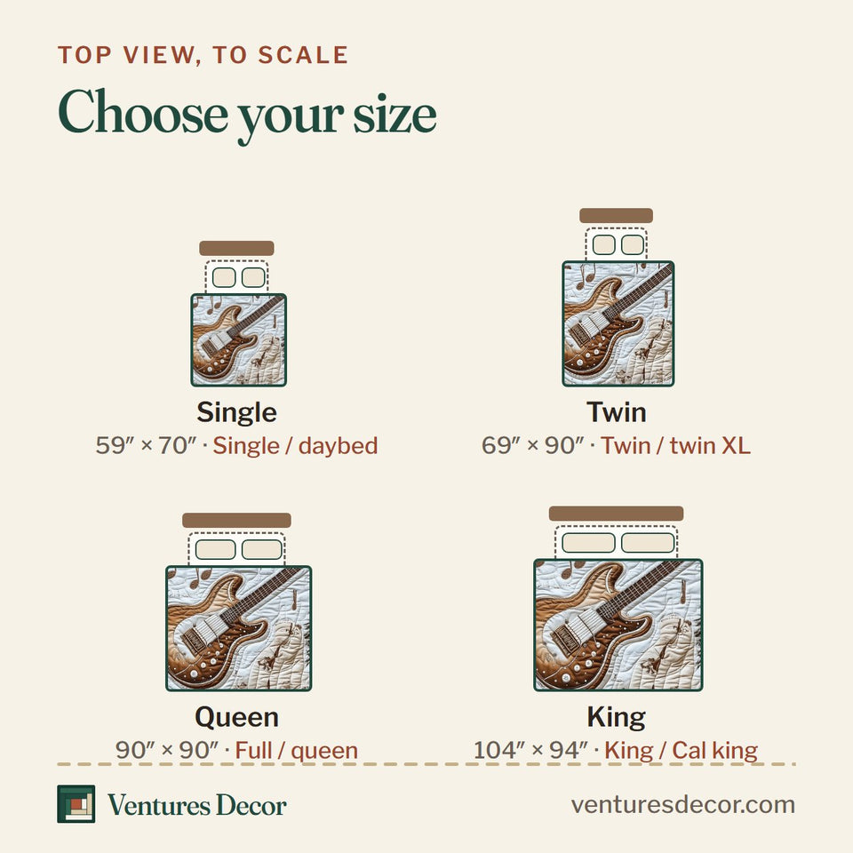 Size guide for the Rock and Roll Culture Lone Guitar Among Pines quilt, top view to scale: Single 59 x 70 in, Twin 69 x 90 in, Queen 90 x 90 in, King 104 x 94 in
