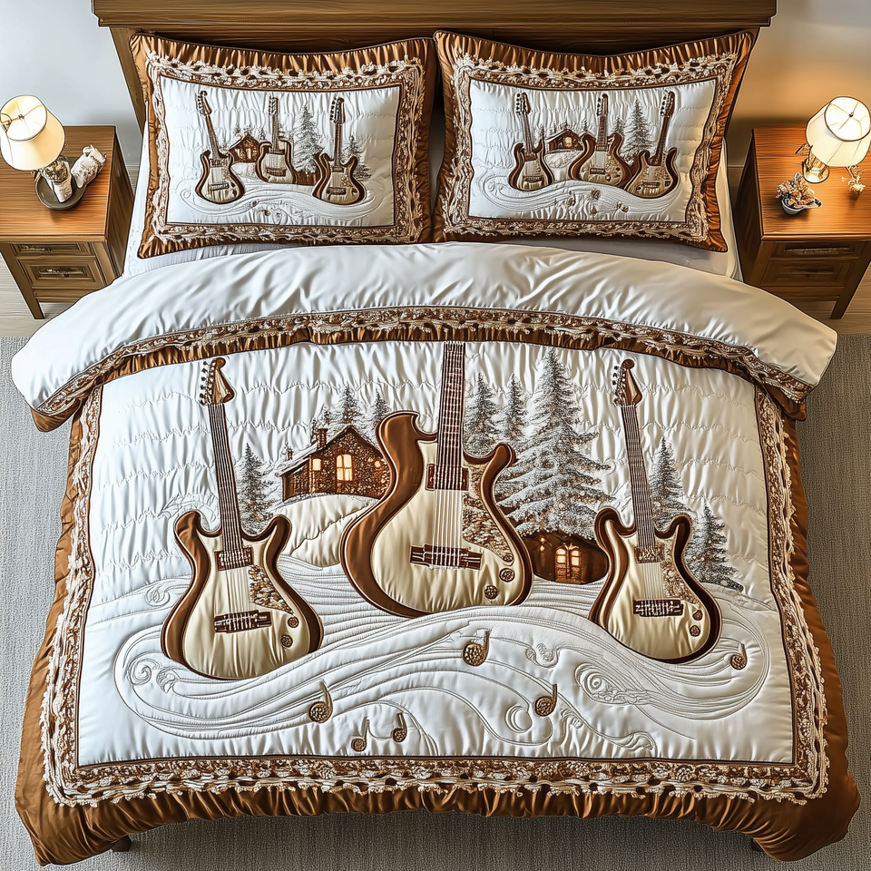 Rock Roll Guitar Legacy quilted bedding set, quilt and two pillow shams on a made bed