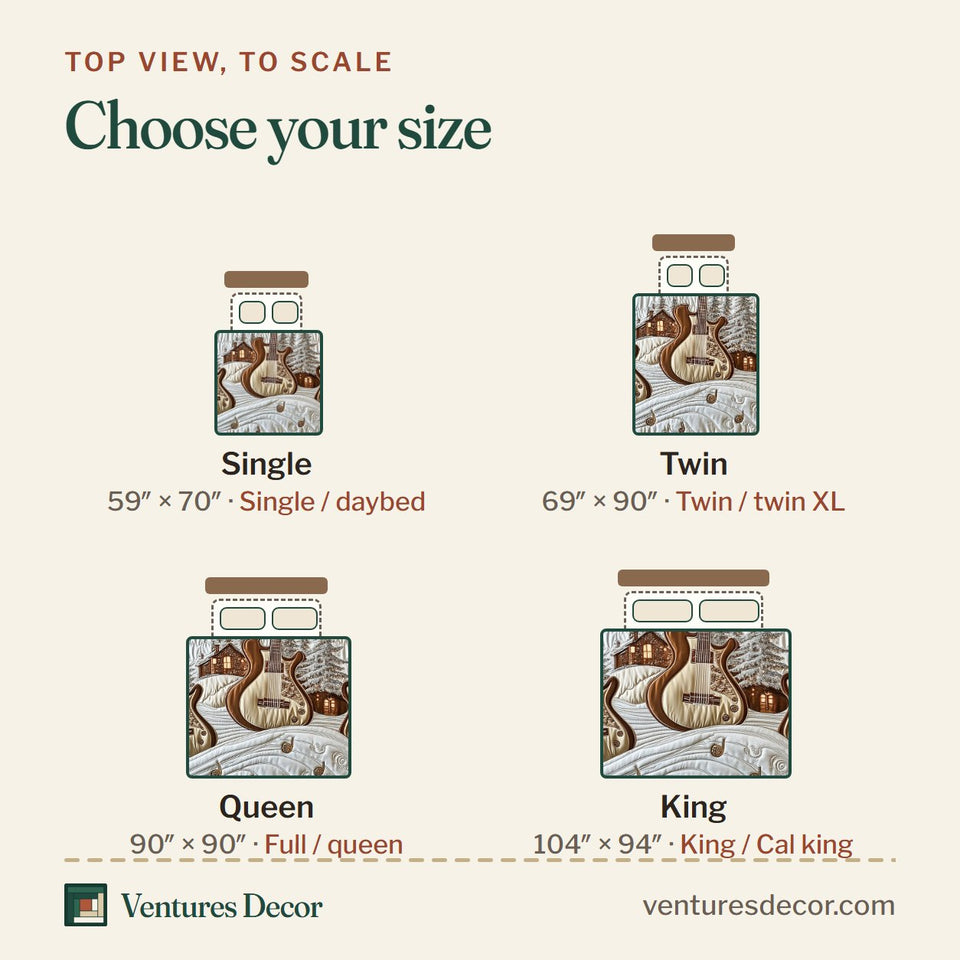 Size guide for the Rock Roll Guitar Legacy quilt, top view to scale: Single 59 x 70 in, Twin 69 x 90 in, Queen 90 x 90 in, King 104 x 94 in