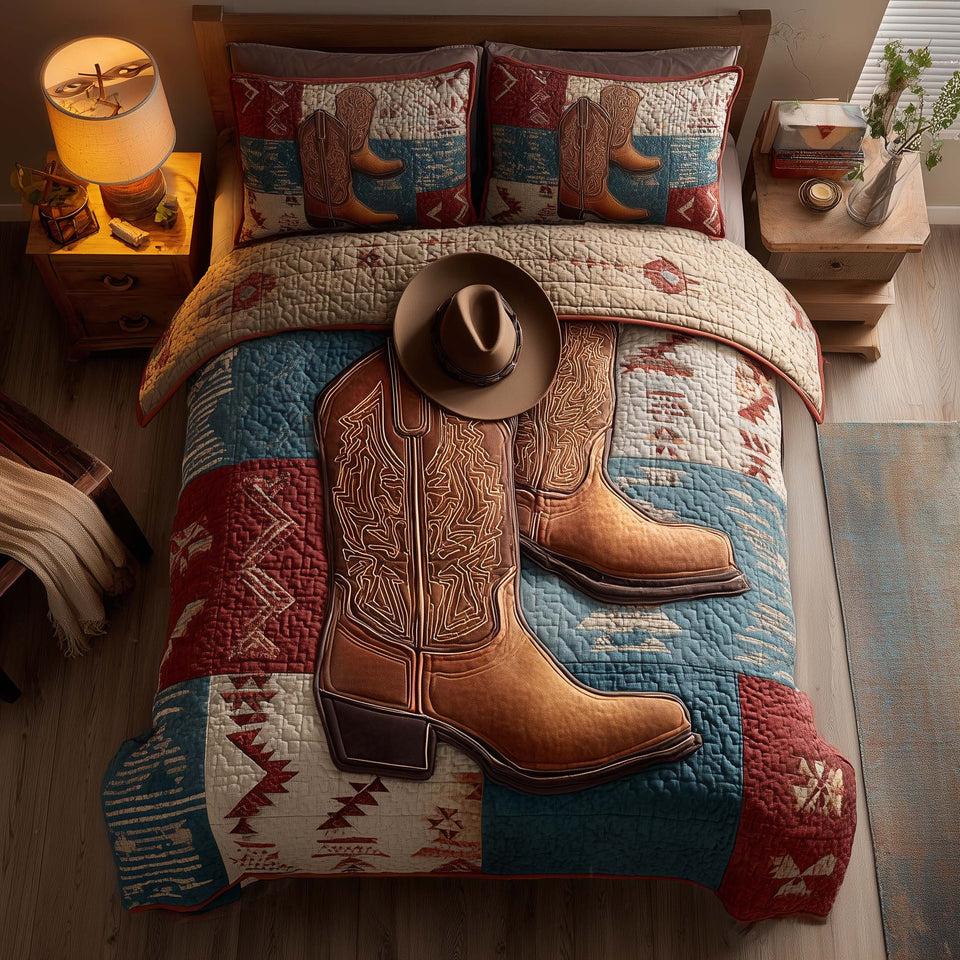 Rodeo Boots Bandana Patch quilted bedding set, quilt and two pillow shams on a made bed