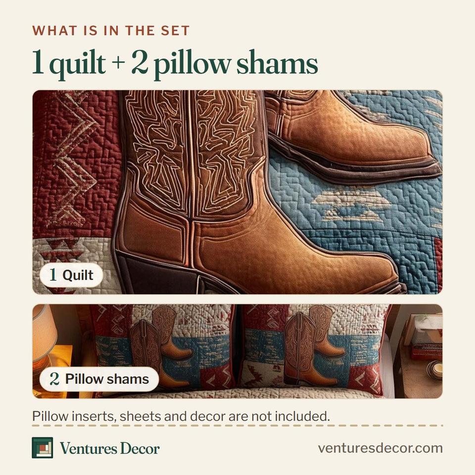 What is in the set: one quilt and two pillow shams, shown in the Rodeo Boots Bandana Patch design