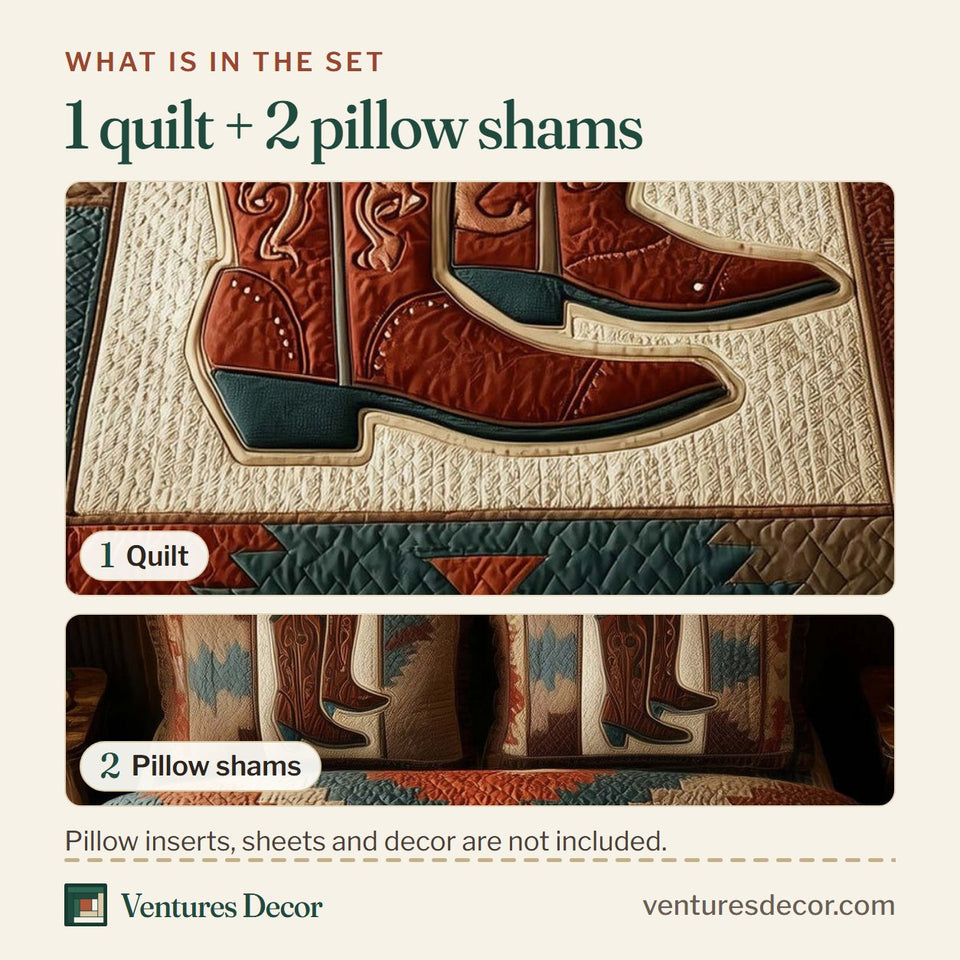 What is in the set: one quilt and two pillow shams, shown in the Rodeo Roundup Star Block Boot Pair design